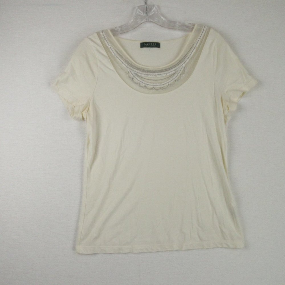 Lauren Ralph Lauren Embellished Short Sleeve Tee Size L Cream